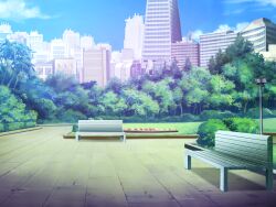  bench blue_sky building bush city cityscape clouds day divine_heart_makina game_asset grass lamppost no_humans non-web_source official_art outdoors park park_bench road scenery self-datamine sky skyline skyscraper tree visual_novel_cg 