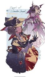  2girls alternate_universe bat_wings black_gloves black_hair black_hat blue_eyes bow breasts brown_hair closed_mouth collared_shirt columbina_(genshin_impact) columbina_(marechaussee_hunter)_(genshin_impact) commentary doyouknowww dress english_text genshin_impact gloves hair_ornament hat head_wings highres long_hair long_sidelocks long_sleeves multicolored_hair multiple_girls multiple_wings necktie official_alternate_costume purple_hair purple_streaks purple_wings ribbon sandrone_(genshin_impact) sandrone_(marechaussee_hunter)_(genshin_impact) shirt short_hair_with_long_locks sidelocks smile streaked_hair tabletop_troupe_(genshin_impact) two-tone_hair untranslatable_commentary vampire very_long_hair winding_key wings wrist_bow 