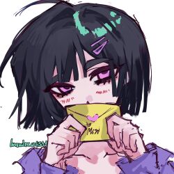  1girl alien_stage bob_cut hair_ornament hairclip highres holding holding_letter lavenderartist1 letter love_letter purple_shirt shirt short_hair solo sua_(alien_stage) violet_eyes 