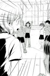 2boys 4girls ball highres holding holding_ball kaori_ninotsugi mahou_shoujo_ikusei_keikaku mahou_shoujo_ikusei_keikaku_episodes_phi maruino monochrome multiple_boys multiple_girls novel_illustration official_art open_mouth postarie rain_pow shoes short_hair socks spoilers sweat tatsuko_sakaki third-party_source 