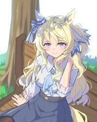  1girl absurdres animal_ears ascot belt bench blonde_hair blue_ascot blue_eyes blue_ribbon blue_skirt brooch casual closed_mouth collared_shirt ear_covers ear_ribbon grass hair_ribbon hand_in_own_hair highres horse_ears horse_girl horse_tail jewelry long_hair looking_at_viewer one_side_up outdoors pleated_skirt ribbon shirt single_ear_cover sitting skirt smile solo striped_ribbon tail taro_yokayoka tree umamusume victoire_pisa_(casual)_(umamusume) victoire_pisa_(umamusume) white_background white_ribbon white_shirt yellow_tail 
