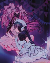  2girls alien_stage bandana black_hair bow commentary dress elbow_gloves english_commentary gloves hair_bow headset heart heart_in_eye highres holding_hands kazuriae microphone mizi_(alien_stage) mizi_(zombie_stage) multiple_girls multiple_hair_bows pink_dress pink_hair strapless strapless_dress string_of_flags sua_(alien_stage) sua_(zombie_stage) sweat symbol_in_eye twintails violet_eyes white_bandana white_dress zombie_stage 