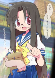  1girl :d bag blue_sailor_collar blue_skirt blurry blurry_background bow bowtie brown_hair commentary_request glasses highres holding holding_bag long_hair looking_at_viewer lucky_star neckerchief open_mouth outdoors pleated_skirt pointing puffy_sleeves rascal_(feuille) red_eyes round_eyewear ryouou_school_uniform sailor_collar school_uniform serafuku shirt short_sleeves skirt smile solo speech_bubble tamura_hiyori very_long_hair white_shirt yellow_bow yellow_bowtie yellow_neckerchief 