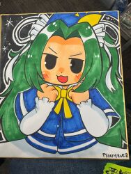  1girl artist_name black_background black_eyes blue_capelet blue_hat blue_shirt blush bow bowtie capelet collared_shirt commentary english_commentary ghost ghost_tail green_hair hair_ribbon hands_up hat highres long_hair long_sleeves mima_(touhou) open_mouth outline parted_bangs photo_(medium) pyon4ever ribbon shikishi shirt smile solo sun_print touhou touhou_(pc-98) traditional_media very_long_hair white_outline white_ribbon wizard_hat yellow_bow yellow_bowtie 
