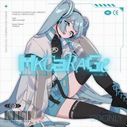  1girl :o album_cover belt blue_eyes blue_hair blue_nails blunt_ends boots commentary_request cover crop_top elbow_rest hair_ornament hairclip hand_on_own_head hatsune_miku head_rest head_tilt headphones headset high_collar highres jacket knee_up lace-up_boots lemontea long_hair looking_at_viewer miniskirt nail_polish navel official_art open_mouth see-through_clothes see-through_sleeves sitting skirt solo thigh-highs twintails very_long_hair vocaloid zipper_skirt 