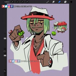  1boy art_program_in_frame art_program_request beard_stubble brute_bonnet chest_hair commentary dark-skinned_male dark_skin dice english_commentary facebook_logo facebook_username facial_hair gem green_hair hair_between_eyes hat highres holding holding_dice instagram_logo instagram_username jacket jewelry loaded_dice_(pokemon) male_focus necklace official_art_inset open_clothes open_jacket patreon_logo patreon_username personification pokemon purple_background red_gem red_shirt reference_inset ring shirt short_hair simple_background slit_pupils stubble twitter_logo twitter_username two-tone_hat v-neck verlangenlotte watch watch white_jacket 