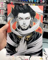  1boy aizawa_shota art_tools_in_frame artist's_hand_in_frame bags_under_eyes black_hair black_shirt boku_no_hero_academia commentary english_commentary facial_hair goggles goggles_around_neck grey_scarf highres long_scarf looking_at_viewer male_focus marker_(medium) mustache photo_(medium) red_eyes scar scar_on_face scarf shirt signature solo stanley_lau straight-on traditional_media upper_body 