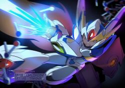  2boys arm_cannon armor clenched_teeth falcon_armor_x_(mega_man) forehead_jewel green_eyes helmet mega_man_(series) mega_man_x6 mega_man_x_(series) multiple_boys solo_focus teeth to_i_to_io weapon white_armor white_helmet x_(mega_man) zero_(mega_man) 