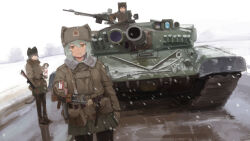 39iax 3girls ak-47 alcohol animal_ears assault_rifle breasts brown_eyes brown_hair cat_ears character_request cigarette copyright_request green_hair gun hat highres jacket kalashnikov_rifle looking_at_viewer medium_hair military_vehicle motor_vehicle multiple_girls outdoors rifle smoking t-72 tank vodka weapon winter 