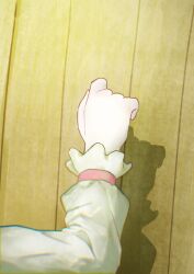  1girl absurdres alice_margatroid commentary day hand_focus highres knocking long_sleeves plank pov pov_hands red_ribbon ribbon rumindo shadow solo sunlight touhou wooden_door wrist_ribbon 