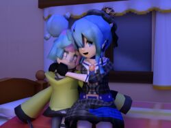 3d 3d_background ascot bad_aspect_ratio belt beret blue_ascot blue_belt blue_choker blue_eyes bow-shaped_hair character_hair_ornament choker comforting criss-cross_halter crossover crown crying crying_with_eyes_open cuddling dress english_text fake_hair_bun fake_screenshot gloves grey_hat grey_pantyhose hair_ornament halter_shirt halterneck hat hexagon_print hololive hoshimachi_suisei hoshimachi_suisei_(1st_costume) hug iono_(pokemon) jacket low_poly magnemite mini_crown multicolored_hair open_mouth oversized_clothes pantyhose partially_fingerless_gloves plaid_clothes plaid_dress plaid_hat plaid_jacket pokemon pokemon_scarlet_and_violet self-upload sharp_teeth shipping_(fandom) side_ponytail single_leg_pantyhose sleeves_past_fingers sleeves_past_wrists split-color_hair superscud69ds tears teeth two-tone_hair virtual_youtuber x_(symbol) yellow_jacket 