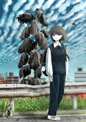  1girl adidas arms_at_sides backpack bag bag_charm beer_can black_bag black_bow black_bowtie black_eyes black_hair blue_pants blue_sweater_vest bouquet bow bowtie bug can character_charm charm_(object) city closed_mouth clouds cloudy_sky collared_shirt commentary day drink_can english_commentary expressionless floating_hair flower full_body giba_ryan grass guard_rail highres long_sleeves looking_at_viewer myaku-myaku original outdoors pants road shirt shoes sky sneakers solo spider_lily standing stratocumulus_undulatus sunflower sweater_vest wasp white_shirt white_shoes wilted_flower 