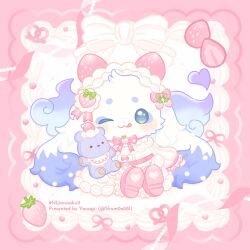  1other :3 :q ;3 ;q artist_name beads blush border bow bowtie brooch chibikemo closed_mouth commentary_request dress english_commentary english_text food food-themed_hair_ornament frilled_dress frilled_sleeves frills fruit furry green_bow green_eyes hair_bow hair_ornament hashtag heart highres icing jewelry licking_lips long_sleeves looking_at_viewer lunlun_(nijisanji) mixed-language_commentary nijisanji one_eye_closed pink_border pink_bow pink_bowtie pink_ribbon pink_shoes pretzel pretzel_(lunlun) puffy_long_sleeves puffy_sleeves ribbon shoes sitting smile solo strawberry strawberry_brooch strawberry_hair_ornament stuffed_animal stuffed_toy teddy_bear tongue tongue_out twitter_username virtual_youtuber white_background white_dress white_fur yanagi_(sham0o081) 