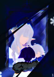  1girl 2boys absurdres ahoge anastasya_feodorovna_snezhnaya black_background black_hair blue_hair blue_robe blue_shirt blunt_bangs blunt_ends ccandyless center-flap_bangs character_request coat crossed_bangs faceless faceless_female faceless_male facing_another fatui_coat fur-trimmed_coat fur-trimmed_robe fur_trim genshin_impact hair_between_eyes hair_bun hair_over_shoulder highres kokoshnik long_hair mother_and_child mother_and_son multicolored_hair multiple_boys painterly parent_and_child pointy_ears portrait_(object) ringlets robe royal_robe scaramouche_(genshin_impact) shirt sidelocks single_hair_bun snowflakes star_(symbol) streaked_hair twitter_username variant_set white_coat white_hair 