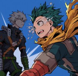  2boys aqua_eyes aqua_hair bakugou_katsuki belt belt_buckle black_pants blonde_hair blue_background blue_bodysuit bodysuit boku_no_hero_academia buckle cape chiyaya crying explosive film_grain floating_cape floating_hair flying_teardrops freckles gloves green_gloves grenade grey_background high_collar highres looking_ahead male_focus midoriya_izuku multiple_boys open_mouth orange_eyes pants parted_lips profile projected_inset scene_reference short_hair sideways_mouth single_horizontal_stripe single_wrist_guard snap-fit_buckle spiky_hair spoilers stitched_chest stitched_torso stitches sweat tears torn_cape torn_clothes two-tone_background x_(symbol) 