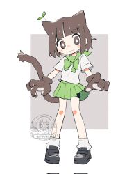 1girl animal_ears animal_hands black_shoes bow bowtie bright_pupils brown_eyes brown_gloves brown_hair cat_ears cat_girl cat_tail closed_mouth commentary_request full_body gloves green_bow green_bowtie green_sailor_collar green_skirt highres loafers looking_at_viewer miniskirt naka_(buttergirl_02) original paw_gloves plant_on_head pleated_skirt sailor_collar school_uniform serafuku shirt shoes short_sleeves skirt socks solo standing tail watermark white_pupils white_shirt white_socks 