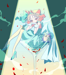  1girl back_bow bare_shoulders blonde_hair blush bow bow_hairband closed_mouth cocktail_glass colored_inner_hair commentary_request cup dot_mouth dot_nose dress drinking_glass earrings falling_petals fig_smoke_(zutomayo) from_side full_body gloves green_background green_bow green_dress green_hairband green_shoes hair_bow hair_ears hair_intakes hairband hands_up head_on_hands head_rest head_tilt hedgehog high_heels highres in_container in_cup jewelry kinutani_yutaka knees_up large_bow looking_at_viewer looking_to_the_side medium_hair multicolored_hair nira-chan orange_eyes oversized_object own_hands_together pantyhose parted_bangs petals pink_hair plantar_flexion shoes sitting smoke spotlight translation_request turning_head uniguri_(zutomayo) white_gloves wispy_bangs yellow_pantyhose zutto_mayonaka_de_ii_no_ni 