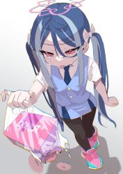  1girl absurdres accident bag black_pantyhose blue_archive blue_hair blue_necktie blue_shoes blue_skirt blue_vest check_commentary chromatic_aberration collared_shirt commentary_request crying doughnut dropped_food food from_above fubuki_(blue_archive) furrowed_brow grey_background halo highres holding holding_bag long_sidelocks mr.lazy multicolored_hair multicolored_shoes necktie no_jacket pantyhose pastry_box pencil_skirt pink_halo pink_shoes plastic_bag red_eyes shirt shoes short_sleeves sidelocks skirt sneakers solo tears twintails two-tone_hair two-tone_shoes vest white_shirt wing_collar 