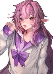  1girl alternate_costume breasts commentary_request cyrene_(demiurge)_(honkai:_star_rail) cyrene_(honkai:_star_rail) diamond-shaped_pupils diamond_(shape) highres honkai:_star_rail honkai_(series) honse77 korean_commentary long_hair looking_at_viewer medium_breasts multicolored_hair open_mouth pink_hair pointy_ears purple_sailor_collar purple_skirt sailor_collar school_uniform serafuku simple_background skirt smile solo symbol-shaped_pupils two-tone_hair very_long_hair violet_eyes white_background white_hair white_serafuku 