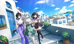  3girls bag black_hair black_skirt black_thighhighs breasts brown_eyes casual day dolphin_wave falling_petals floral_print floral_print_skirt green_skirt grey_hair hanihara_haru highres holding holding_bag large_breasts long_hair multicolored_hair multiple_girls nagato_mei official_alternate_costume official_alternate_hairstyle official_art ootomo_takuji outdoors pants petals pointing print_skirt purple_pants purple_streaks shirt short_hair skirt smile streaked_hair suminoe_shion sunlight thigh-highs twintails two_side_up wavy_hair white_shirt 