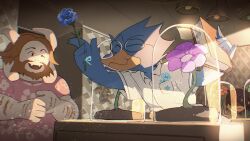  1other 2boys animal_print aqua_flower arm_up asgore_dreemurr berdly_(deltarune) bird_boy bird_print blonde_hair blue_feathers book brown_fur brown_hair ceiling closed_eyes collared_shirt commentary_request counter day deltarune feathers floral_print flower flower_shop frown glasses goat_boy green_flower green_shirt highres holding holding_book indoors kris_(deltarune) multiple_boys one_eye_closed orange_flower pink_shirt plant purple_flower shirt shop smile sunlight uri_(365mimimi) utdr_(toby_fox) vines white_fur white_shirt 