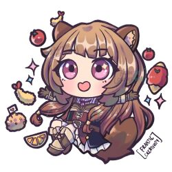  1girl :d absurdres animal_ears apple armor artist_name black_dress boots breastplate brown_armor brown_boots brown_gloves brown_hair chibi collared_dress commentary dress elbow_gloves flat_chest floating food food_request franticcreativity fruit full_body gloves hair_tubes hands_up heart high_collar highres knee_boots layered_dress leather leather_armor leather_boots long_hair long_sleeves looking_at_viewer medium_dress metal_hair_tubes metal_wrist_cuffs neck_ribbon open_mouth orange_hair pink_eyes pinstripe_dress pinstripe_pattern raccoon_ears raccoon_girl raccoon_tail raphtalia red_dress red_ribbon ribbon shrimp shrimp_tempura simple_background sleeveless sleeveless_dress smile solo sparkling_eyes tail tanuki tate_no_yuusha_no_nariagari tempura two-tone_dress very_long_hair watermark white_background white_dress 