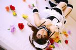  apron bed cleavage collar cosplay elbow_gloves flower garter_belt kore_ga_watashi_no_goshujin-sama maid maid_uniform mizuhara_arisa sawatari_mitsuki thigh-highs 