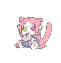  1girl animal_ears animal_hands assault_lily between_legs blue_sailor_collar blue_skirt blush cat_ears cat_girl cat_paws cat_tail chibi chibi_only commentary detached_sleeves full_body green_eyes hair_ribbon hand_between_own_legs hand_to_own_mouth hand_up heterochromia kemonomimi_mode layered_skirt long_hair long_sleeves looking_at_viewer nigari_(ngari_0115) odaiba_girls_high_school_uniform parted_bangs parted_lips paw_shoes pleated_skirt red_eyes red_hair ribbon sailor_collar school_uniform shiba_tomoshibi shirt shoe_soles shoes simple_background sitting skirt sleeveless sleeveless_shirt solo tail tail_raised very_long_hair white_background white_ribbon white_shirt white_shoes 
