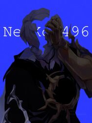  1boy artist_name black_bodysuit black_cape blue_background bodysuit cape character_name closed_mouth commentary cracked_skin gauntlets grey_hair hand_on_own_head hand_up honkai:_star_rail honkai_(series) hood hooded_cape male_focus pale_skin ph0inon phainon_(flame_reaver)_(honkai:_star_rail) phainon_(honkai:_star_rail) short_hair simple_background solo untranslatable_commentary upper_body 