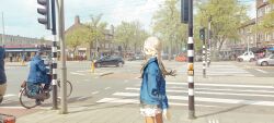  1girl absurdres alternate_costume bicycle blonde_hair car city colored_eyebrows commentary_request crosswalk dress gakuen_idolmaster hair_ornament highres idolmaster intersection jacket jewelry long_hair motor_vehicle netherlands orange_eyes outdoors overhead_line pantyhose photo_background real_world_location red_pantyhose road shinosawa_hiro single_sleeve_past_fingers sketch solo_focus standing street traffic_light urban utsusemi_1024 white_dress 