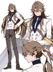  2boys ahoge alternate_hair_length_(longer) arm_at_side black-framed_eyewear bright_pupils brown_eyes brown_hair brown_pants chinese_commentary comb commentary_request glasses hair_between_eyes hairdressing hand_on_own_hip hands_in_another's_hair highres holding holding_another's_hair holding_comb honkai:_star_rail honkai_(series) invisible_chair long_hair male_focus multicolored_hair multiple_boys multiple_views pants semi-rimless_eyewear sidelocks single_hair_streak sitting standing streaked_hair under-rim_eyewear very_long_hair void_archives welt_yang white_pupils white_streaks yuelinpanp98413 