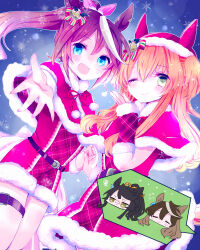  4girls animal_ears bandaid bandaid_on_face bandaid_on_nose black_hair blue_eyes blush bow breasts brown_hair capelet christmas closed_mouth dress earrings fur-trimmed_dress fur-trimmed_headwear fur_trim hair_between_eyes hair_bow hat highres holding_hands horse_ears horse_girl horse_tail jewelry long_hair looking_at_viewer mayano_top_gun_(umamusume) multicolored_hair multiple_girls narita_brian_(umamusume) one_eye_closed open_mouth orange_eyes orange_hair ponytail red_capelet red_dress red_ribbon reya_p_d3 ribbon santa_costume santa_dress santa_hat single_earring single_hair_streak small_breasts smile snowflakes streaked_hair symboli_rudolf_(umamusume) tail thigh_strap tokai_teio_(umamusume) two-tone_hair two_side_up umamusume white_hair white_streaks yellow_eyes 