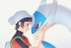  1boy absurdres backpack bag beanie blue_eyes brendan_(pokemon) brown_hair commentary_request e_l_d_i_n forehead-to-forehead grin hat heads_together highres latios pokemon pokemon_(creature) pokemon_omega_ruby_and_alpha_sapphire red_eyes short_hair short_sleeves simple_background smile white_background white_bag white_hat 