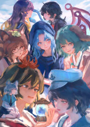  6+girls absurdres animal_ears asymmetrical_wings bishamonten's_pagoda black_hair blonde_hair blue_eyes blue_hair blue_hood blue_sky blue_snake blue_wings brown_hair chinese_commentary closed_mouth clouds commentary_request day dog_ears dog_girl futatsuiwa_mamizou glasses green_eyes green_hair hand_on_own_cheek hand_on_own_face hat highres hijiri_byakuren hjwhuhu hood hood_up houjuu_nue kasodani_kyouko kumoi_ichirin leaf leaf_on_head long_hair mini_person minigirl multicolored_hair multiple_girls murasa_minamitsu myouren_temple_clan_(touhou) nazrin open_mouth person_on_shoulder purple_hair raccoon_ears raccoon_girl red_wings round_eyewear seiza short_hair sitting sky smile snake toramaru_shou touhou two-tone_hair white_hat wings 