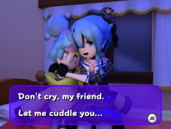  3d 3d_background ascot bad_aspect_ratio belt beret blue_ascot blue_belt blue_choker blue_eyes bow-shaped_hair character_hair_ornament choker comforting criss-cross_halter crossover crown crying crying_with_eyes_open cuddling dress english_text fake_hair_bun fake_screenshot gloves grey_hat grey_pantyhose hair_ornament halter_shirt halterneck hat hexagon_print hololive hoshimachi_suisei hoshimachi_suisei_(1st_costume) hug iono_(pokemon) jacket low_poly magnemite mini_crown multicolored_hair open_mouth oversized_clothes pantyhose partially_fingerless_gloves plaid_clothes plaid_dress plaid_hat plaid_jacket pokemon pokemon_scarlet_and_violet self-upload sharp_teeth shipping_(fandom) side_ponytail single_leg_pantyhose sleeves_past_fingers sleeves_past_wrists split-color_hair superscud69ds tears teeth two-tone_hair video_game_dialogue_box virtual_youtuber x_(symbol) yellow_jacket 