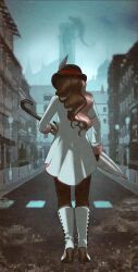  1girl black_hat blurry blurry_background boots bowler_hat brown_hair brown_pantyhose building city erin_winn from_behind full_body grimm_dragon hat hat_feather high_heel_boots high_heels holding holding_umbrella jacket lamppost long_hair multicolored_hair neopolitan_(rwby) official_art outdoors pantyhose pink_hair road rwby sky solo standing street third-party_source two-tone_hair umbrella white_boots white_jacket 