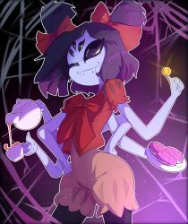  1girl :3 absurdres arthropod_girl black_eyes black_pantyhose bodysuit bow coin colored_skin commentary conyd cowboy_shot cup doughnut english_commentary extra_arms extra_eyes fangs fangs_out food hair_bow hand_on_own_hip highres holding holding_cup holding_plate holding_teapot looking_at_viewer medium_hair monster_girl muffet one_eye_closed pantyhose pink_bodysuit plate puffy_short_sleeves puffy_sleeves purple_background purple_hair purple_skin red_bow red_shirt shirt short_sleeves short_twintails silk smile solo spider_girl spider_web teapot twintails undertale utdr_(toby_fox) 