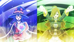  2girls ahoge aura bandaged_leg bandages black_choker black_gloves black_thighhighs breasts brown_cape brown_eyes brown_hair brown_hat cape casting_spell choker collage dress eyepatch fingerless_gloves gambeson game_asset gloves green_background hair_over_one_eye hat high_collar highres holding holding_staff hood hood_down hooded_robe kono_subarashii_sekai_ni_shukufuku_wo! kono_subarashii_sekai_ni_shukufuku_wo!_kono_yokubukai_game_ni_shinpan_o! large_breasts long_hair long_sleeves looking_at_viewer megumin multiple_girls official_art open_mouth purple_background purple_dress purple_robe red_dress red_eyes robe short_hair_with_long_locks single_thighhigh small_breasts staff standing thigh-highs upper_body v-shaped_eyebrows variant_set wavy_hair witch_hat wiz_(konosuba) 