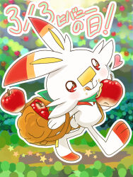  apple backpack bag bitten_apple commentary_request food food_bite food_on_face fruit full_body heart licking outline pokemon pokemon_(creature) red_eyes runachikku scorbunny smile solo star_(symbol) translation_request white_outline 