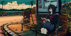  1girl ahoge artdroiiid_ii bag bench black_hair black_sailor_collar black_serafuku black_shirt black_skirt black_socks blue_bag blue_sky book cellphone clouds cloudy_sky commentary earphones english_commentary evening feet_out_of_frame flower foliage hair_between_eyes highres holding holding_book kisaragi_ren_(5th_costume)_(vspo!) kisaragi_ren_(vspo!) kneehighs lake ligne_claire long_bangs long_hair long_sleeves mountainous_horizon neckerchief on_bench open_book outdoors park_bench parted_lips phone pleated_skirt power_lines profile red_eyes red_neckerchief road sailor_collar scenery school_bag school_uniform serafuku shadow shirt sitting skirt sky smartphone socks solo street summer sunflower transformer utility_pole very_long_hair virtual_youtuber vspo! yellow_flower 