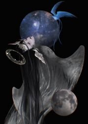  1girl a1047 bird black_background black_hair black_lips blue_bird circlet closed_eyes commentary english_commentary final_fantasy final_fantasy_xiv halo head_wings highres long_hair meteion moon planet simple_background the_endsinger wings 