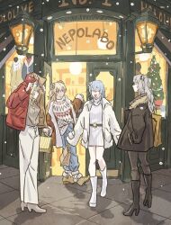  4girls alternate_costume animal_ears bag black_boots blonde_hair blue_hair boots brown_coat christmas christmas_tree closed_eyes coat commentary_request double_bun dress fox_ears fox_girl full_body grey_hair grey_sweater hair_bun hair_ornament high_heel_boots high_heels highres holding holding_bag hololive jacket lion_ears lion_girl long_hair momosuzu_nene multiple_girls nepolabo omaru_polka outdoors pants platform_boots pointy_ears red_coat shishiro_botan shop shopping_bag smile snowing sweater tauyoshi728 virtual_youtuber walking white_boots white_coat white_dress white_pants white_sweater yukihana_lamy 