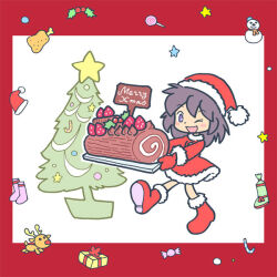 1girl :d ;d blush_stickers boots border brown_hair chibi christmas christmas_ornaments christmas_tree commentary_request dress fur-trimmed_boots fur-trimmed_dress fur-trimmed_headwear fur-trimmed_sleeves fur_trim gloves hat holding kabiinyo_(kab) long_hair long_sleeves one_eye_closed original red_boots red_border red_dress red_gloves red_hat santa_costume santa_hat shoe_soles smile solo violet_eyes walking white_background yule_log_(cake) 