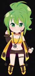  1girl :3 absurdres belt black_background black_outline boots bracelet brown_belt brown_shorts brown_sleeves chibi chibi_only closed_mouth coat commentary english_commentary full_body green_eyes green_hair headphones highres holding holding_microphone inkorii jewelry merchandise_available microphone navel_piercing necklace outline piercing ponytail shorts solo sonika sonika_(e-capsule) sports_bra star_(symbol) star_necklace thigh_strap vocaloid yellow_boots yellow_coat yellow_sports_bra 