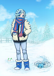  1boy blue_boots blue_eyes blue_hair blue_pants blue_scarf blue_sky boots character_request commentary_request copyright_request covered_mouth day grusha_(pokemon) hands_in_pockets highres male_focus nemimin outdoors pants pokemon pokemon_(creature) pokemon_scarlet_and_violet red_scarf scarf sky snow solo standing swablu trap winter 