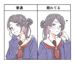  1girl black_hair blush brown_dress colored_inner_hair commentary double_bun dress embarrassed hair_bun hasu_no_sora_school_uniform head_rest jacket long_sleeves love_live! love_live!_hasu_no_sora_jogakuin_school_idol_club multicolored_hair multiple_views neckerchief pink_hair porari purple_jacket red_neckerchief sailor_collar school_uniform shinowa_mion smile squiggle sweatdrop two_side_up violet_eyes white_background white_sailor_collar winter_uniform 