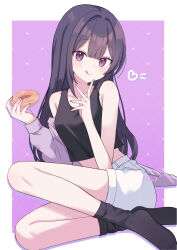  1girl :q bare_shoulders black_socks black_tank_top blush border commentary crop_top doughnut english_commentary eyelashes fingernails food full_body furutori hair_between_eyes hair_intakes heart highres holding holding_donut holding_food jacket long_hair midriff nail_polish no_shoes off_shoulder original purple_background purple_hair purple_jacket purple_nails shorts signature sitting smile socks solo tank_top tongue tongue_out violet_eyes white_border white_shorts 