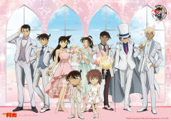  3girls 6+boys :d ;) akai_shuuichi amuro_tooru anime_coloring belt black-framed_eyewear black_hair black_shoes blonde_hair blue_eyes blue_necktie blue_shirt blue_vest bouquet bow bowtie bracelet breast_pocket brown_bow brown_bowtie brown_hair brown_necktie brown_shoes closed_mouth collarbone collared_shirt copyright_logo copyright_notice dress dress_shirt edogawa_conan falling_petals finger_gun full_body glasses gloves green_dress grey_hair grey_pants haibara_ai hand_in_pocket hand_on_own_head hat hattori_heiji high_heels high_ponytail holding holding_bouquet indoors jacket jewelry kaitou_kid kudou_shin'ichi logo long_hair long_sleeves looking_at_viewer meitantei_conan monocle monocle_chain mouri_ran multiple_boys multiple_girls necklace necktie official_art one_eye_closed open_clothes open_jacket open_mouth own_hands_clasped own_hands_together pants petals pink_belt pink_dress pink_necktie pink_petals pink_shoes pocket ponytail purple_bow purple_bowtie purple_vest shirt shoes short_hair sleeveless sleeveless_dress smile standing straight-on suit tooyama_kazuha top_hat vest white_dress white_gloves white_hat white_jacket white_pants white_shirt white_shoes window 