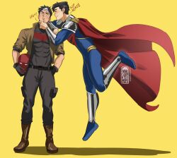  arwayorene batman_(series) batman_symbol black_hair blue_eyes bodysuit cape dc_comics gloves grey_bodysuit highres jason_todd male_focus multicolored_bodysuit multiple_boys muscular muscular_male pants red_cape red_hood_(dc) red_hood_and_the_outlaws short_hair silver_armor smile superboy-prime superhero_costume superman_(series) superman_logo taut_bodysuit taut_clothes two-tone_bodysuit western_comics_(style) 