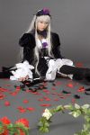  cosplay feathers kneehighs rose_petals roses rozen_maiden ruffles silver_hair suigintou suzukaze_yuuki 